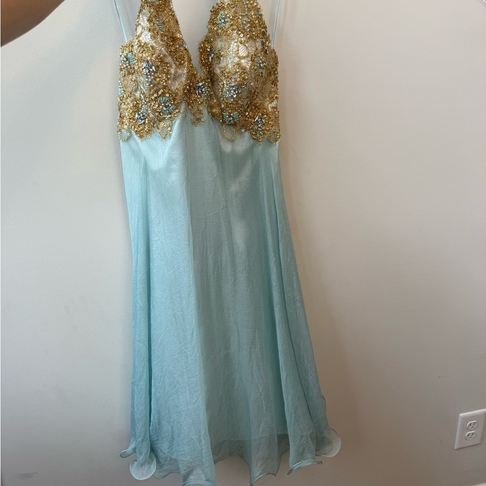 Terani Couture Light Blue and Gold Backless Dress